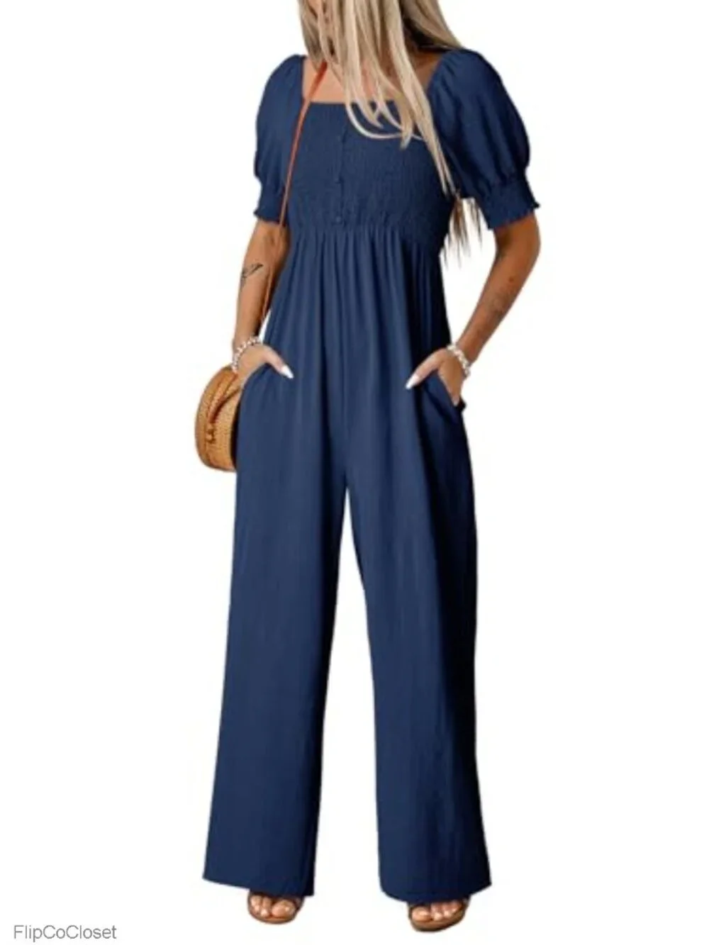 Women's Wide Leg Jumpsuit Lantern Sleeve Romper with Pockets Summer